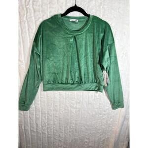 Theo & Spence Soft Velour Green Pleated Puff Short Sleeve Blouse Sweater Small S